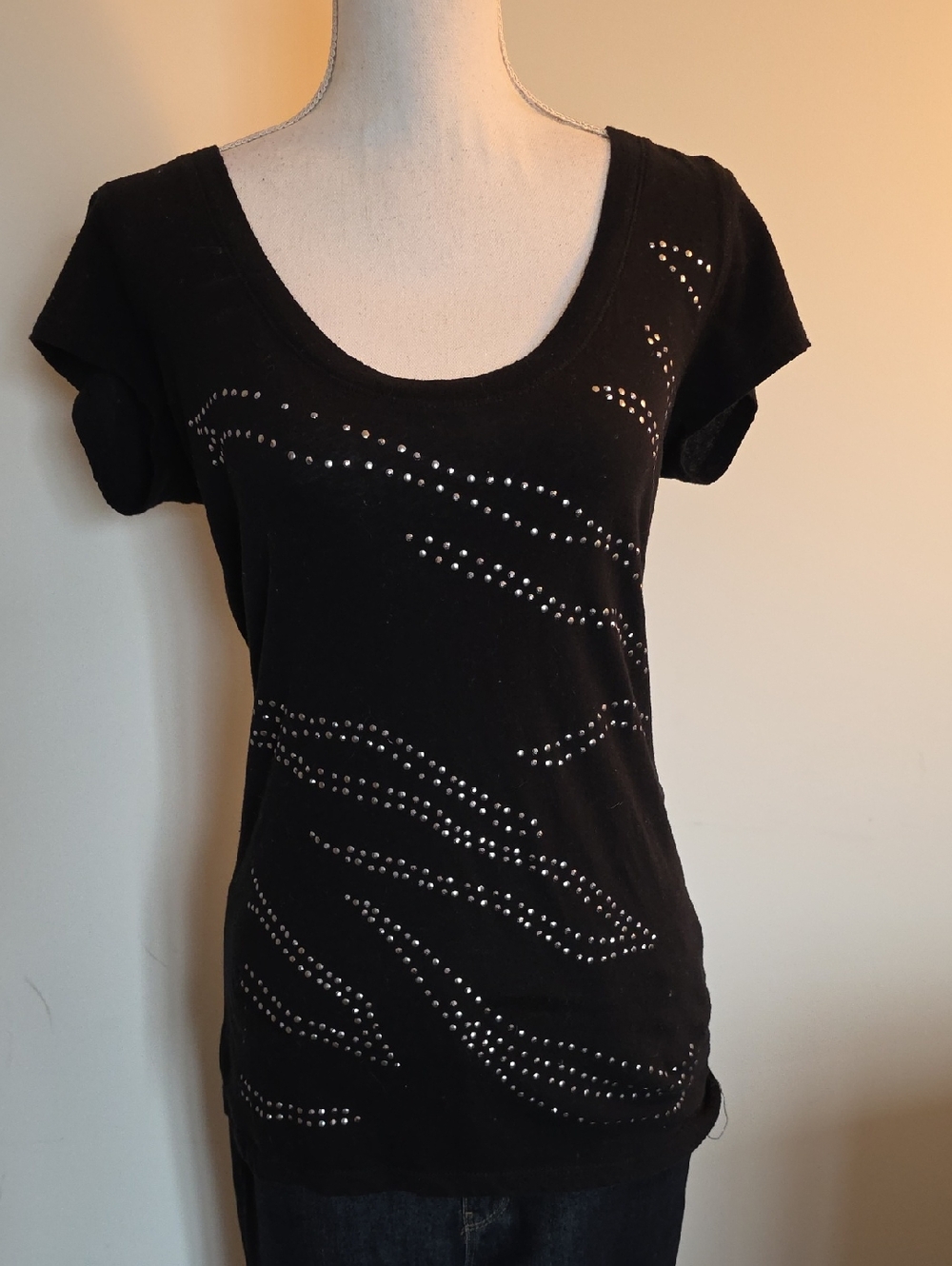 L.O.L. Vintage Black Studded Scoop Neck Short Sleeve Tee